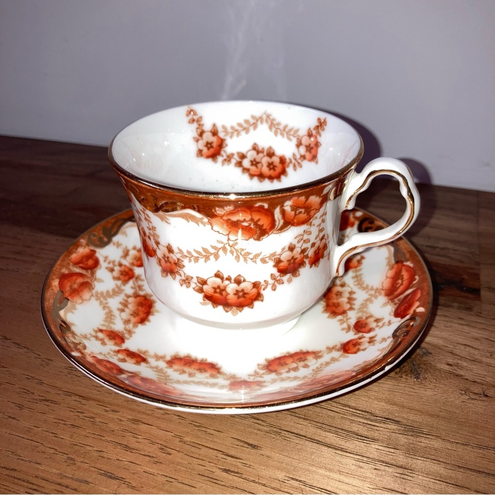 (2/$10)☕️ Vintage Orange Floral China Bone Teacup & Saucer Set - Collingwoods